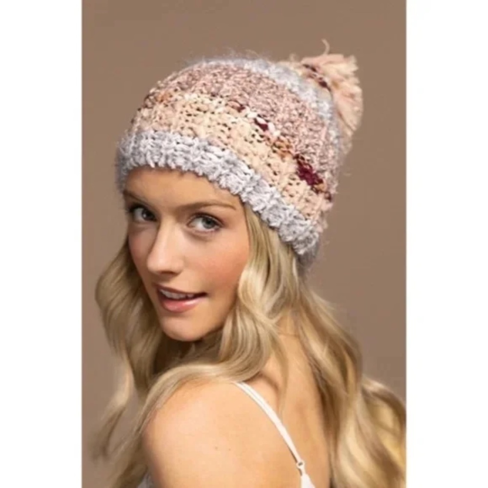 Blush Cozy Knitted Striped Pompom Winter Knit Beanie Women's Hat